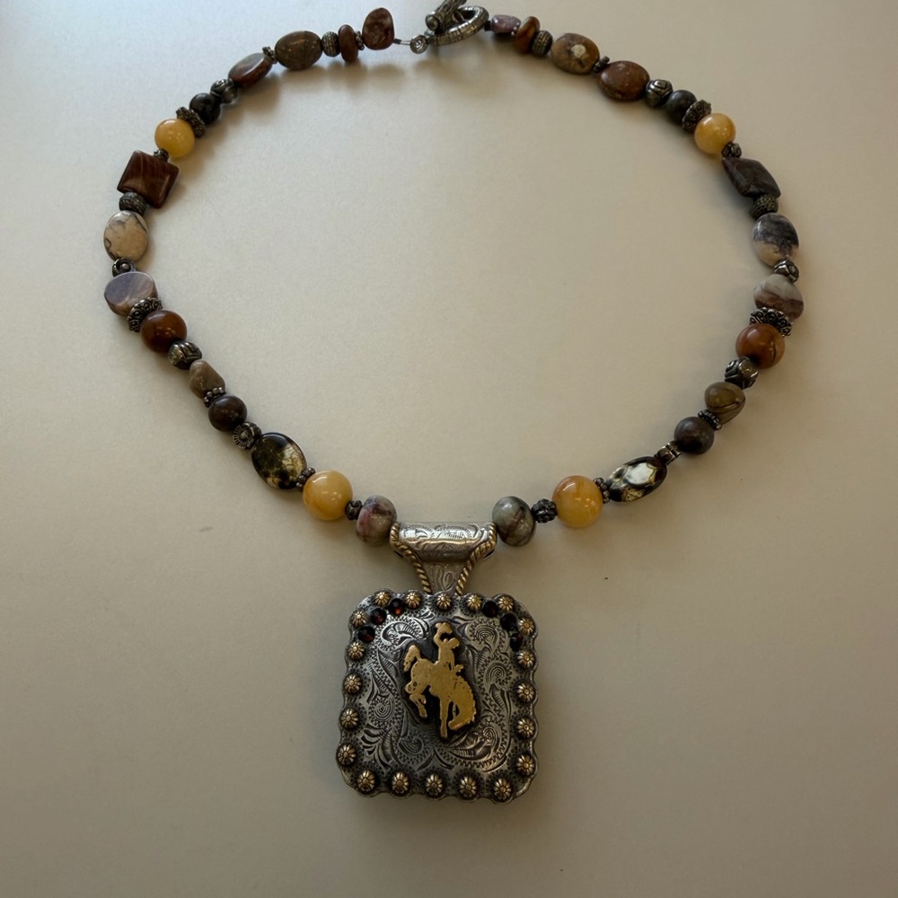 Trigg Vintage Bucking Horse Cowboy Beaded Necklace with Silver and Gold Pendant